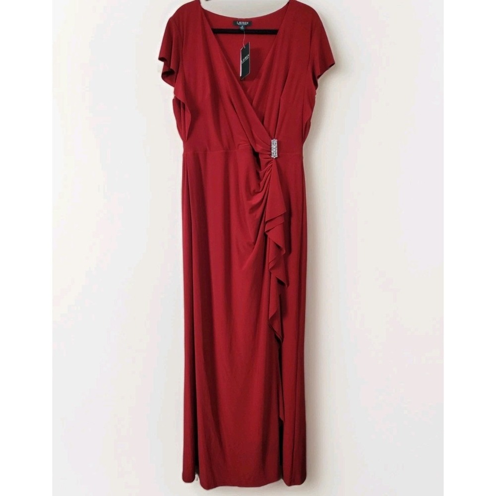 Lauren Ralph Lauren‎ Women's Red Wrap Style Dress Size 16 Rhinestone Accent